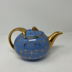 Vintage Hall China 6 Cup Teapot Periwinkle Blue Gold Starburst Atomic MCM USA
